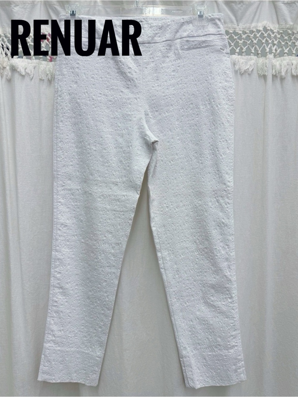 Renuar Textured Tonal Jacquard Pull On Ankle Pants White Size 8